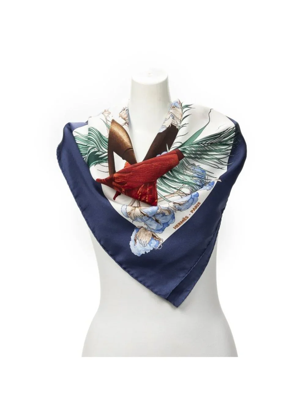 Hermes Scarf Navy Green Ivory 100% Twill Silk